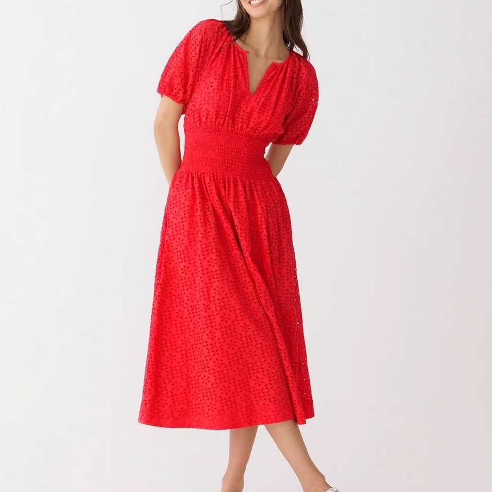 J. Crew Red V-Neck Puff Sleeve Midi Sundress